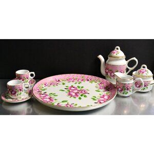Vintage Nantucket Mini Porcelain Tea Set  Rose Floral Gold Trim 7 Piece Set